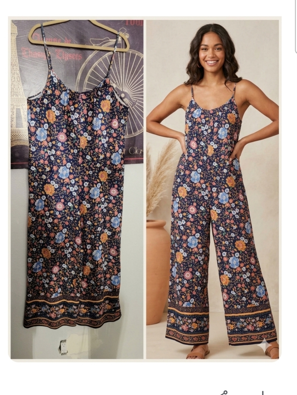 Floral Navy Wide-Leg Jumpsuit With Pockets, Pit 22
